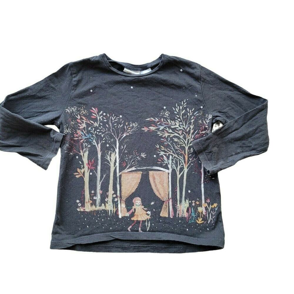 Zara Black Long Sleeve Tee with Forest Play Scene (Pink, Cream, Yellow)